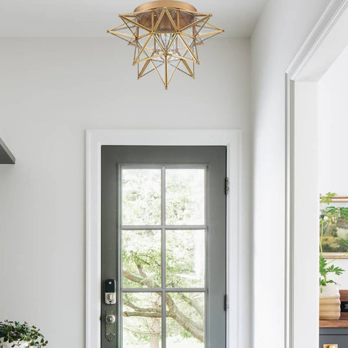 Brass Moravian Star Ceiling Light Transparent Glass 15-Inch